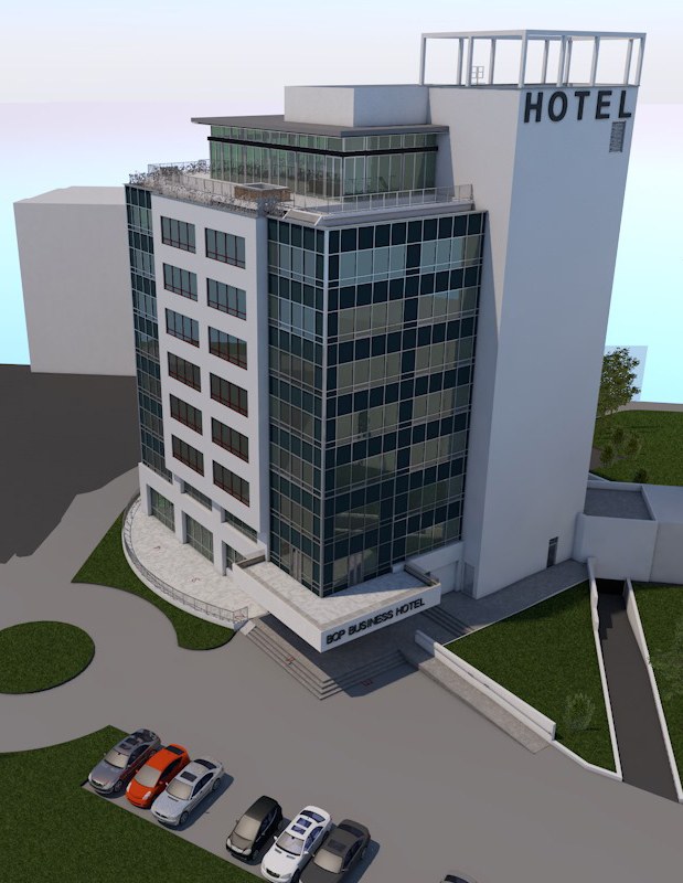 Látványterv a tervezett BOP Business Hotelről — a felső szinten kialakított rooftop bár és terasz a lebontott koporsófödém helyén
