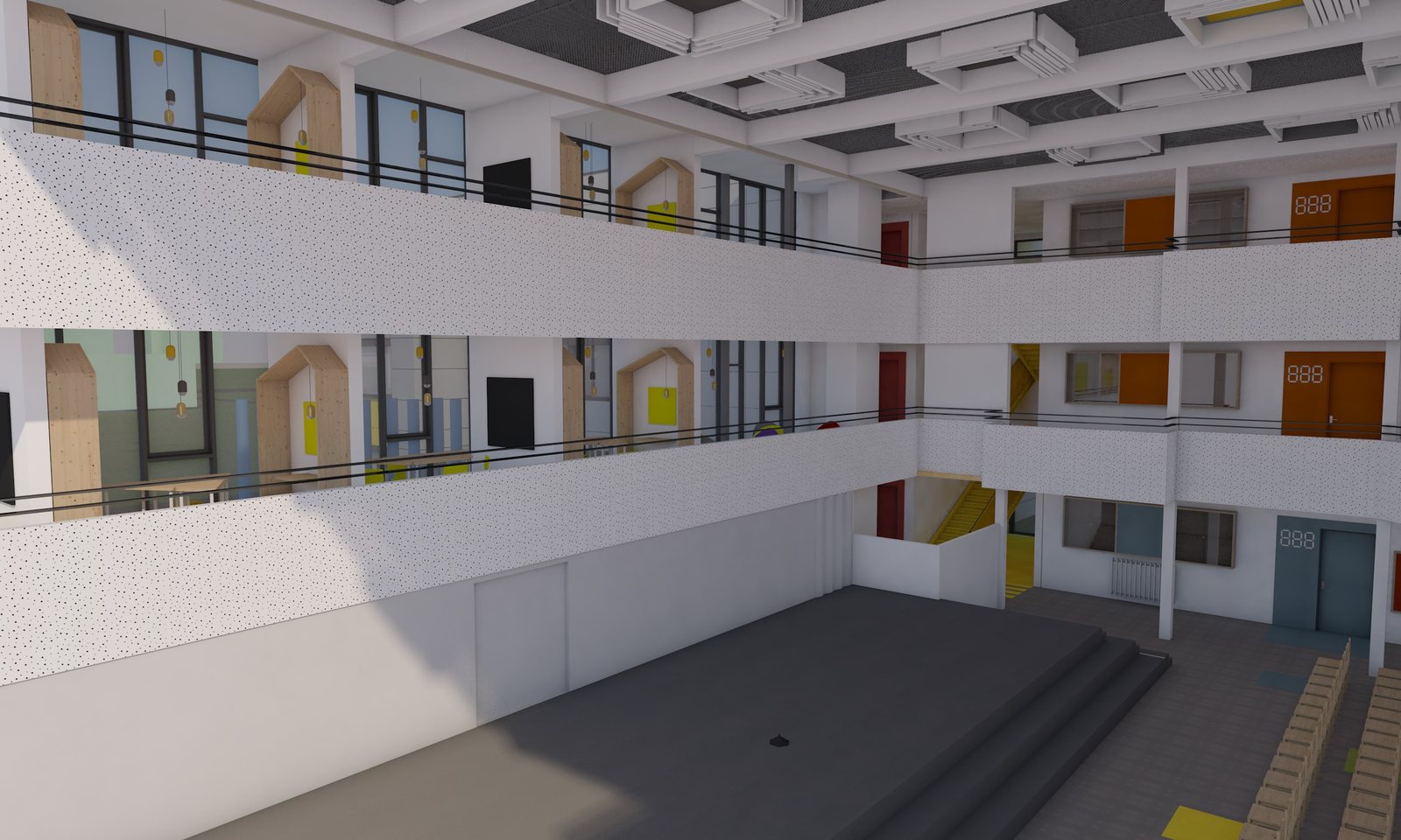 A központi aula látványterve — galériaszintek és lelátós rendezvénytér, amely 850 fő befogadására is alkalmas