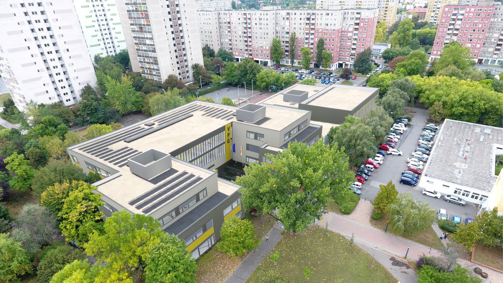 A tervezett épület valós légifotóba illesztve — a békásmegyeri panelházak és a meglévő fasorok között